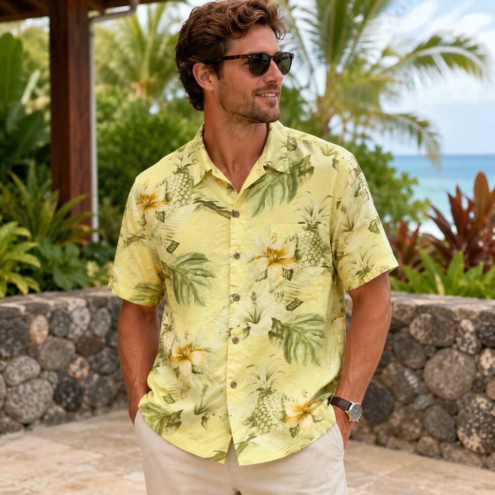 Tommy Bahama 100% Silk Hawaiian Shirt Mens L Pineapple Hibiscus Tropical Camp